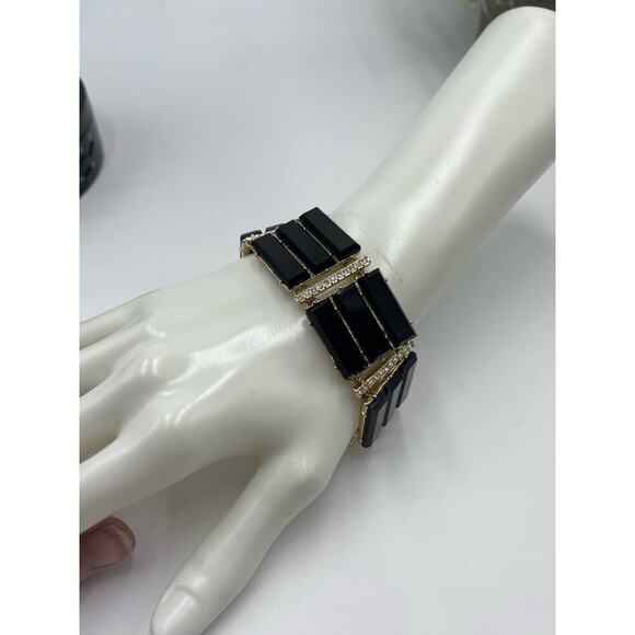 J. CREW Black Triple Row Lucite Rhinestone Brass Statement Bracelet‎ - Picture 3 of 13
